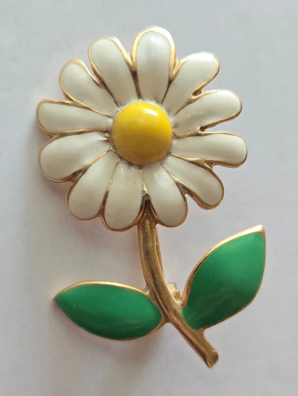 Vintage Mid Century Metal Enamel Flower Brooch White Daisy w/ Stem & Leaves